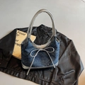 Deep blue polka dot denim tote bag with silver leather trim and a metallic bow detail - Royal Blue