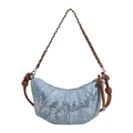 Lichtblauwe denim halve maan tas met zilveren pailletten en metalen kettingriem - Lichtblauw Denim Pailletten Stijl (Met Bruine Band) / Bruin