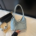 Light blue denim tote bag with silver metallic bow detail and matching handles - Sky Blue