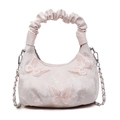 Pink embroidered dumpling bag with 3D butterflies and pleated handle on white background - Pink