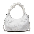 White jacquard dumpling bag with butterfly lace appliques and scrunchie handle - White