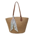 Large woven straw tote bag with brown leather handles and a blue patterned silk scarf - Khaki