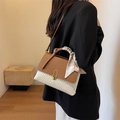 Elegante borsa in pelle marrone e tessuto intrecciato con fibbia oro e foulard seta - Marrone e Bianco