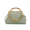 Light green woven texture evening bag with wooden handle and chunky gold metal chain - Green