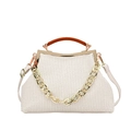 Beige woven clutch with wooden handle and chunky gold chain strap for women - White