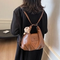 Brown vintage large capacity PU leather backpack and tote bag with plush charm - With Pendant / Brown