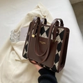 Chic brown leather tote bag with black and white diamond lattice pattern and top handles - Coffee No Charm