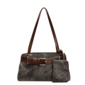 Dark grey washed canvas underarm bag with brown leather straps and small side pouch - Dark Brown