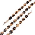 Close-up of tortoise shell acrylic eyeglass chain with gold metal links and lobster clasp - Grey Leopard