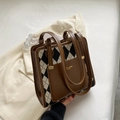 Brown leather and argyle canvas tote bag with dual straps and front pocket detail - Brown No Pendant