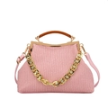 Pink woven handbag with wooden handle, gold chunky chain and detachable strap - Pink