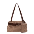 Retro khaki canvas underarm bag with dark brown leather straps and a matching coin purse - Coffee