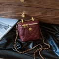 Quilted burgundy leather vanity bag with gold chain strap and floral accent - Small / Burgundy