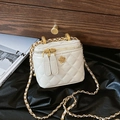 White quilted mini box bag with golden camellia motif and woven chain strap for women - Small / Off White