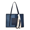 Grande borsa tote in denim minimalista con design patchwork a contrasto e dettaglio in nastro - Blu Scuro Con Blu Chiaro
