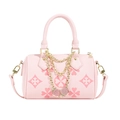 Pink Boston bag with embossed clover pattern, strawberry charms, and gold chain strap - Pink (2321)