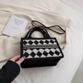 Black and white houndstooth knit tote bag with dual handles and adjustable shoulder strap - Small / Black