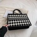 Large black and white checkered canvas tote bag with woven stripe design for women - Large / Black