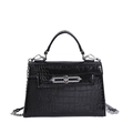Fashionable black crocodile pattern Kelly style handbag with silver chain and metal lock - Black