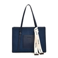 Borsa tote in denim blu scuro con tasca in pelle e nastro decorativo stampato - Blu scuro