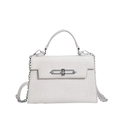 White croc-effect Kelly handbag with trapezoid shape and silver chain strap - White