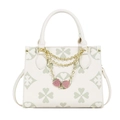 White crossbody bag with clover pattern and pink strawberry charms on gold chains - White (2322)