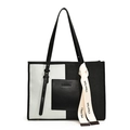 Grande borsa tote bicolore bianca e nera in tela e pelle con tracolla sottile - Nero e Bianco