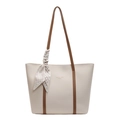 Borsa tote minimalista in pelle beige con spalline marroni e foulard per il lavoro quotidiano - Bianco Sporco