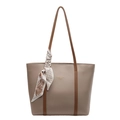 Grande borsa tote kaki con manici marroni e accessorio foulard in seta stampata - Cachi