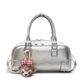 Metallic silver Boston handbag with plush bear charm and top handle strap - Silver