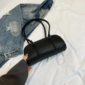 Black litchi grain leather Boston shoulder bag with pearl charm and silver hardware - Black