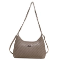 Tan shoulder bag with vertical wavy quilting, silver chain strap, and turn-lock closure - Gray
