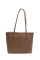 Bruine tote tas van leer met lychee-textuur, extern vak met knoop en lange schouderbanden - Khaki