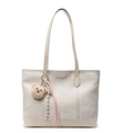 Beige Shopper Tasche in Lederoptik mit großem Fassungsvermögen und Bären-Anhänger - Gebrochenes Weiß