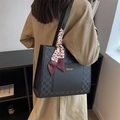 Large black tote bag with checkered texture and leopard print scarf for work - Black