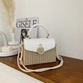 Minimalist straw woven square box bag with leather trim and cotton rope shoulder strap - White