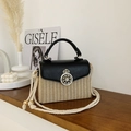 Straw patchwork mini box bag with golden crown clasp and braided cotton strap - Black