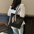 Large black leather tote bag with geometric silk scarf and long shoulder straps - Black