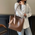 Brown leather tote bag for women with black and white checkered decorative silk scarf - Coffee