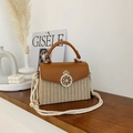 Retro straw box bag with brown leather flap, gold crown buckle, and thick rope strap - Brown