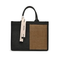 Borsa tote minimalista in tela patchwork nera e marrone con dettaglio nastro decorativo - Grande / Nero