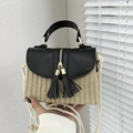 Straw handbag with black leather flap and tassels for beach or casual summer style - Black