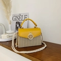 Straw weave crossbody box bag with yellow leather flap and crown metal buckle - Yellow