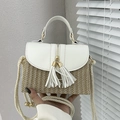 Fashion straw woven handbag with white leather trim and decorative tassels for women - White