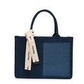 Borsa tote minimalista in denim blu patchwork con manico decorativo in nastro beige - Piccolo / Blu