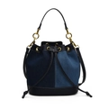 Borsa a secchiello in denim retrò con patchwork blu e tracolla in pelle nera - Blu Scuro (18927)