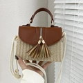 Straw handbag with brown leather trim, long tassels and white rope shoulder strap - Brown