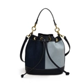 Borsa a secchiello bicolore in denim blu scuro e chiaro con rifiniture in pelle nera - Blu Chiaro (18927)