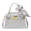 Silver-grey crocodile embossed Kelly handbag with silk scarf handle and gold lock - Silver