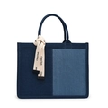 Borsa tote in denim bicolore blu scuro e medio con nastro decorativo logato - Grande / Blu